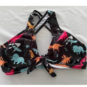 Womens Black Dinosaur Print Cross Back Bikini Top size L